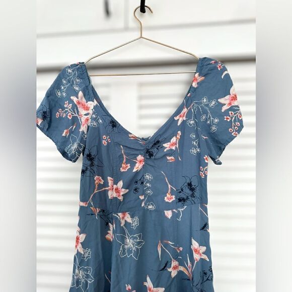 Roxy Shoulder Shimmy Sweetheart Floral Palm Print Mini Dress In Blue lSize M - Picture 9 of 16